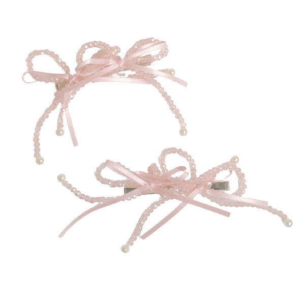 CRYSTAL BEADED BOW BARRETTE SET in PEACH